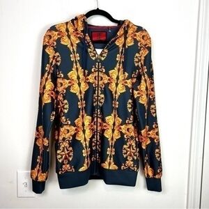 DFND London Jacket Hoodie Mens small Blue Gold full zip up abstract